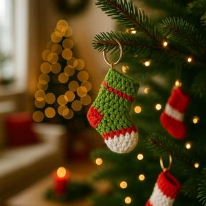 May include: Crocheted Christmas stockings in green, red, and white hang from a decorated Christmas tree. The stockings have a festive design and are adorned with gold-colored rings for hanging. The background features a blurred Christmas tree and warm lights.