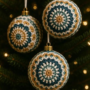 Puede incluir: Tres adornos navide&ntilde;os hechos a mano con un dise&ntilde;o de ganchillo. Los adornos presentan un patr&oacute;n circular en tonos de verde azulado, dorado y blanco. Cada adorno cuelga de una cuerda blanca con una tapa de metal dorado.