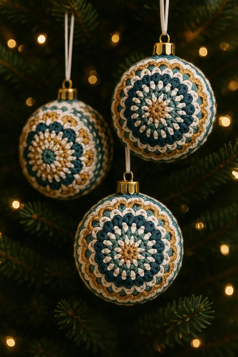 Puede incluir: Tres adornos navide&ntilde;os hechos a mano con un dise&ntilde;o de ganchillo. Los adornos presentan un patr&oacute;n circular en tonos de verde azulado, dorado y blanco. Cada adorno cuelga de una cuerda blanca con una tapa de metal dorado.
