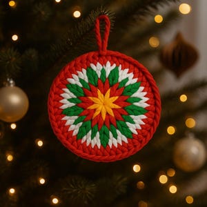 May include: A round, red crocheted Christmas ornament with a colorful starburst design. The starburst features red, green, white, and yellow sections. A red loop is attached for hanging. The ornament is displayed on a Christmas tree.