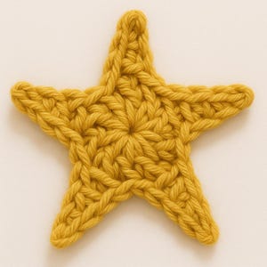May include: A handcrafted, mustard-yellow crochet star. The star is made with thick yarn, showcasing a textured, woven pattern. The five points are clearly defined, and the overall shape is symmetrical. This decorative item could be used for various craft projects.
