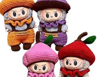 Conjunto de crochet hecho a mano para muñeca Labubu, gorro arcoíris y monos.