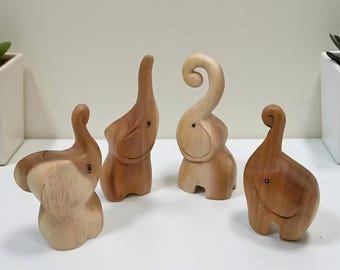 Thai Handcarved Wooden Elephant Figurine | Natural Wood Rustic Elephant Handmade Decor Gift