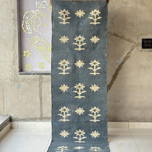 May include: A rectangular, dark teal rug with a repeating pattern of stylized floral and star shapes in a cream color. The rug has a fringed edge and is displayed vertically against a neutral wall.