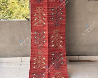 Tappeto da corridoio multi-misura per scale / Kilim indiano geometrico tessuto a mano / Tappeto da corridoio ecologico e rosso / Cucina, comodino, corridoio, ingresso, personalizzato
