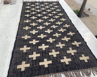 Handvävd kelimmatta i ulljute, svartvit zebramatta, vintageullmatta, boho kelimmatta, stor matta, matta i specialstorlek