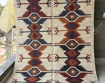 Handwoven Wool Jute Kilim Rug, Vintage Boho Area Rug, Geometric Indian Dhurrie, Tribal Wool & Jute Rug, Handmade Natural Fiber Carpet