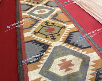 Kilim Runner Handwoven Wool & Jute Dhurrie, Traditional Indian Area Rug, Durable Handmade Floor Decor, Boho Bohemian Accent Carpet