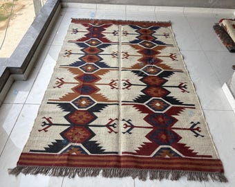 Vintage Wool Jute Kilim Rug, Handwoven, Wool and Jute Rug Handmade, Kilim Dhurrie Rug, Traditional Indian jute Area rug