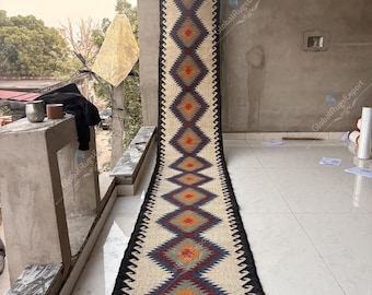 Turkish Wool Jute Staircase Runner - Handwoven Wool Kilim, Eco-Friendly & Durable, Ideal for Entryway, Hallway, Bedside Floor Décor