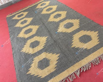 Handwoven Wool Jute Kilim Rug, Traditional Indian Dhurrie
