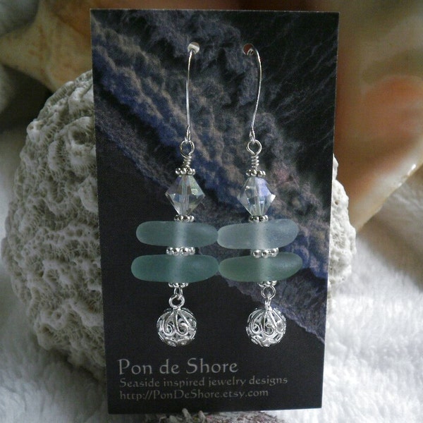 Stacked Sea Glass Earrings - Pale Seafoam, Turquoise & Aqua Glass / AB Czech Crystals / Silver Filigree Balls