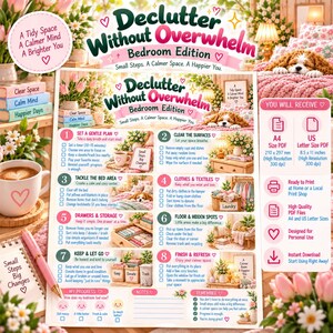 May include: A digital decluttering checklist titled Declutter Without Overwhelm Bedroom Edition, featuring eight numbered steps, checkboxes, and illustrations of a bedroom, a dog, and flowers. Includes A4 and US Letter size PDF download information.