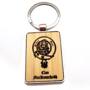 Custom  Scottish Clan Crest Keychain, Steel and Wood Personalized Clan Badge Keyring