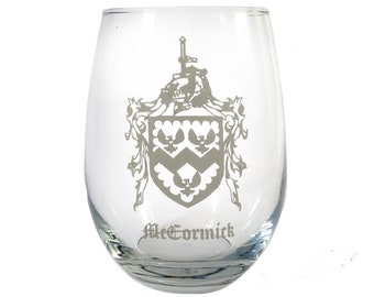Custom Family Crest Clear Stemless Wine Glass 18 oz, Engraved Coat of Arms