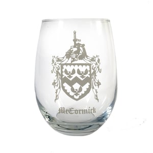 Custom Family Crest Clear Stemless Wine Glass 18 oz, Engraved Coat of Arms