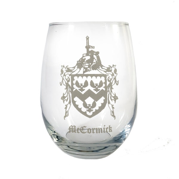 Custom Family Crest Clear Stemless Wine Glass 18 oz, Engraved Coat of Arms