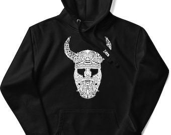 Wikinger Hoodie Keltischer Knoten Krieger Unisex Hoodie– Odin Horn Symbol mit Raben Rückendruck – Nordische Mythologie Wikinger