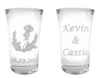 Scottish Thistle Shot Glass Wedding Favors, Free Personalized Engraving