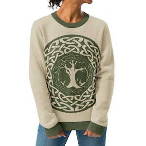 Celtic Tree of Life Knitted Crew Neck Sweater, Celtic Knot Knit Sweatshirt