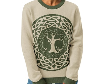Keltischer Baum des Lebens Gestrickter Pullover mit Rundhalsausschnitt, Keltischer Knoten Strick-Sweatshirt