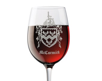 Custom Family Crest Clear Wine Glass 18 oz, Engraved Coat of Arms Family Sigil