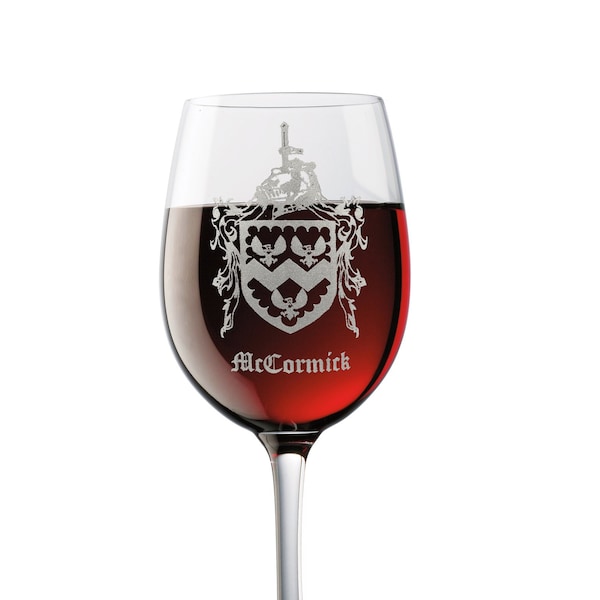 Custom Family Crest Clear Wine Glass 18 oz, Engraved Coat of Arms Family Sigil