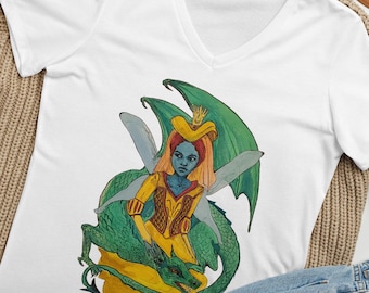 Feenkönigin-Drachen-Shirt, mittelalterliche Fantasie-Frauen-T-Shirt mit V-Ausschnitt