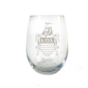 Taylor Irish Coat of Arms Clear Stemless Wine Glass 18 oz- Free Personalized Engraving