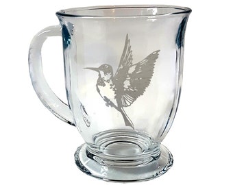 Hummingbird Glass Coffee Mug: Free Personalization, 16 ounce, Ruby Throated Humming Birdwatcher Gift