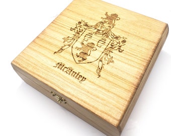 Custom Made Family Crest Wooden Box: 7.5" x 7.5" x 2.75" Engraved Heirloom Gift