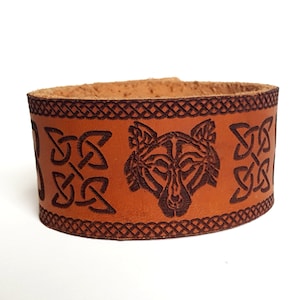 Celtic Wolf Leather Cuff Bracelet, Engraved Leather Cuff