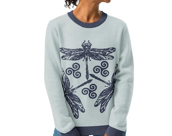 Keltische Libelle Blau Gestrickter Rundhals Pullover Unisex