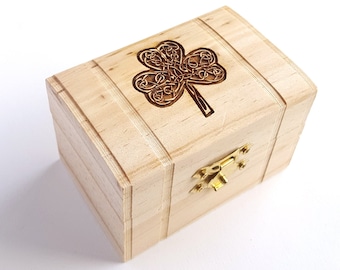 Irish Shamrock Small Wooden Box, Free Engraved Personalization