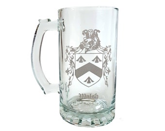 Custom Family Crest Glass Stein 16oz, Engraved Coat of Arms Beer Glass