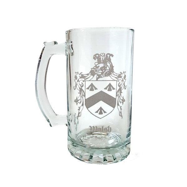 Custom Family Crest Glass Stein 16oz, Engraved Coat of Arms Beer Glass