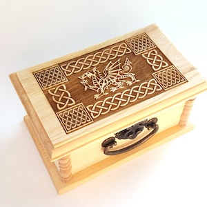 Dragon Latched Wooden Box : Free Engraved Personalization Celtic Welsh Dragon Box