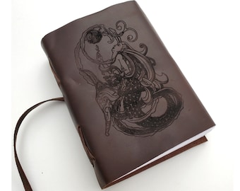 Celtic Mermaid Leather Journal, Free Personalization 5" x 7" Choice of Lined or Unlined Paper, Cord Closer