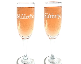 Sláinte Champagne Flute Set of 2, Free Personalized Engraving, Irish Toasting Glasses