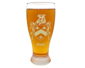 Custom Family Crest Coat of Arms Pint Glass, Engraved Heirloom Coat of Arms Beer Glass