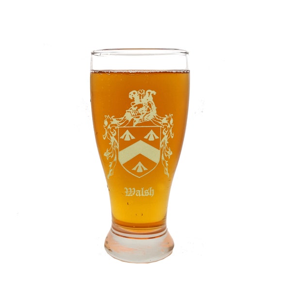 Custom Family Crest Coat of Arms Pint Glass, Engraved Heirloom Coat of Arms Beer Glass