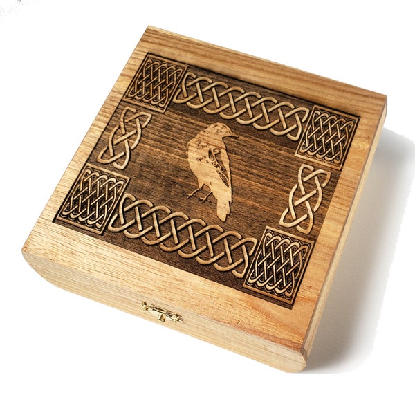 Celtic Raven Wooden Box: 7.5" x 7.5" x 2.75" Free Custom Engraved Personalization