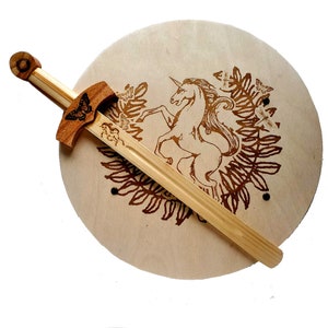 Unicorn Wooden Sword and Shield, Free Name Engraving, Practice Swordplay Weapons