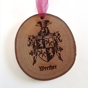 Custom Made Family Crest Engraved Wooden Ornament, Family Coat of Arms Tree Slice Ornament