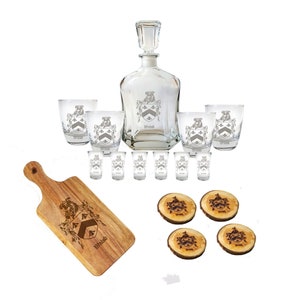 Deluxe op maat gemaakte decanter-barwareset met familiewapen, 16-delige bijpassende set voor thuisbar