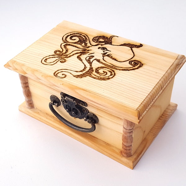 Octopus Latched Wooden Box, Free Custom Engraving, Nautical Theme Design