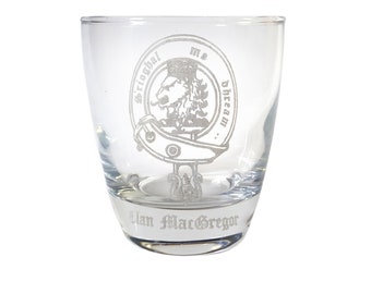 MacGregor Scottish Clan Crest Clear Lowball Rocks Glass 10oz - Free Personalized Engraving, Celtic Decor, Scottish Glass