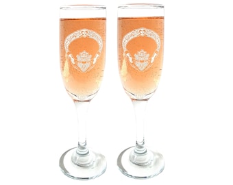 Claddagh Champagne Flute- Free Personalized Engraving, Irish Wedding Glass