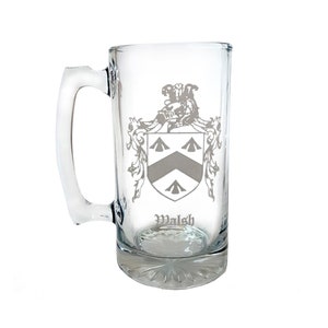 Custom Family Crest Glass Stein 26oz, Engraved Coat of Arms Large Beer Mug