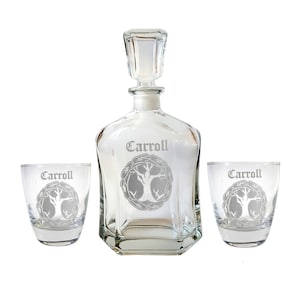 Zestaw karafki do whisky Tree of Life Glass Whiskey i szklanki Lowball, bezpłatny spersonalizowany grawerunek